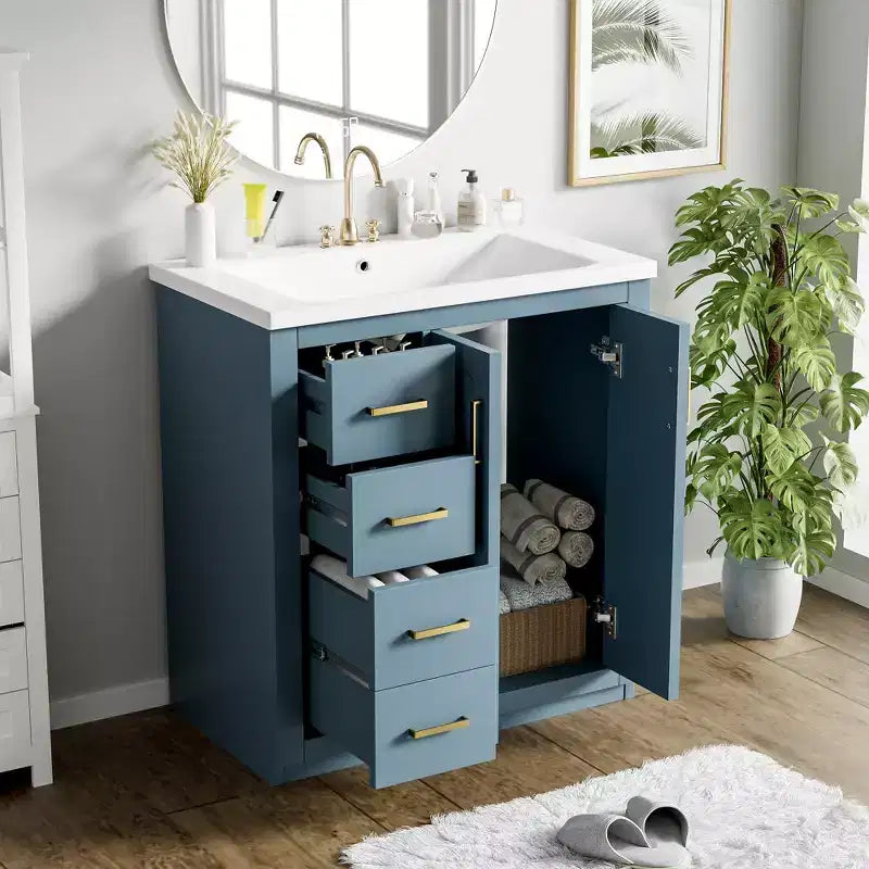30 Single Sink Bathroom Vanity with Cabinet & 3 Drawers – Black / Blue / Green / Indigo / White