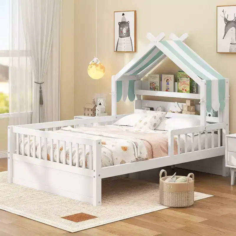 ModernLuxe Twin/Full Size Wooden House Bed with Storage Headboard, Solid Pine Kids Bed Frame with Guardrails