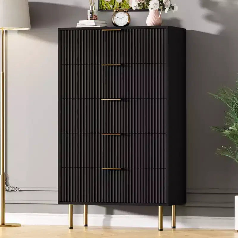 White / Marble & Wood 5-Drawer Dresser – Fluted Panel, for 1 Person Use