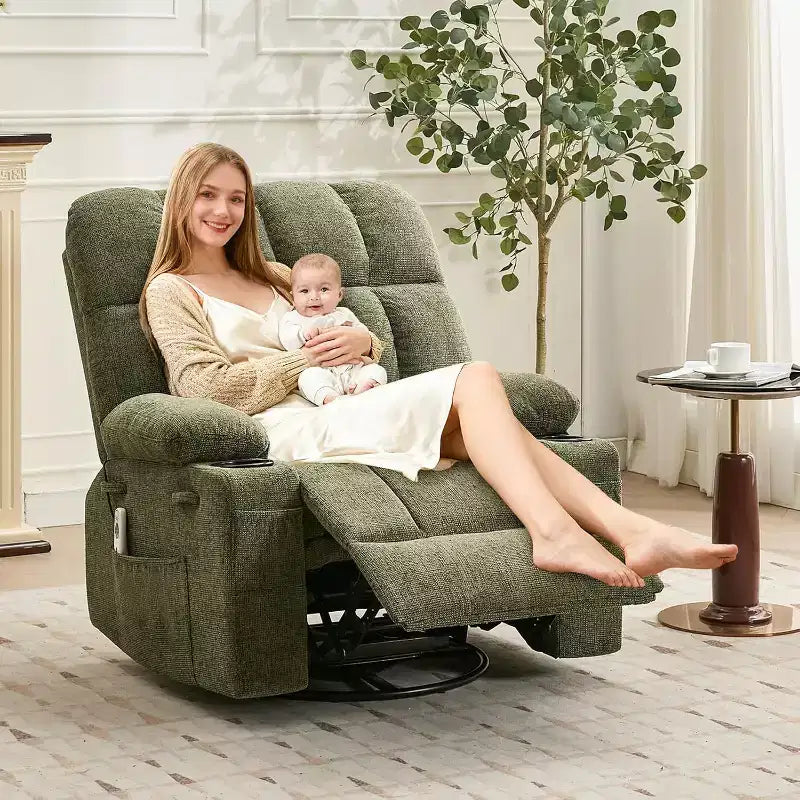 Oversized Recliner Chair for Adults, Manual Swivel Rocker Sofa, Side Pockets & Cup Holders for Big and Tall Persons, Living Room