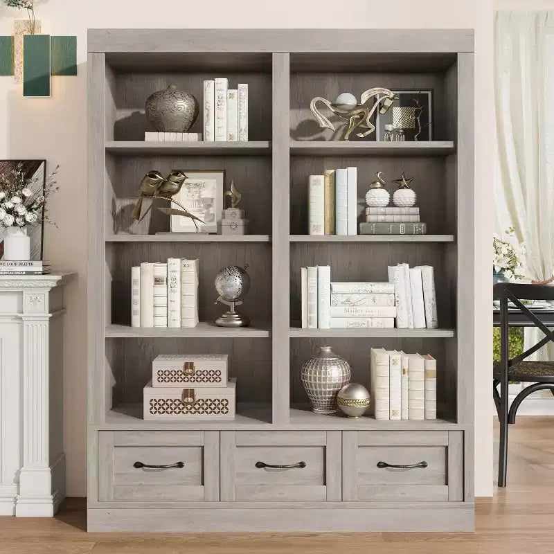 64 H Bookshelves and Bookcases, Bookshelf with 3 Storage Drawers4 Tier Double Wide Open Shelffor Office Living Room