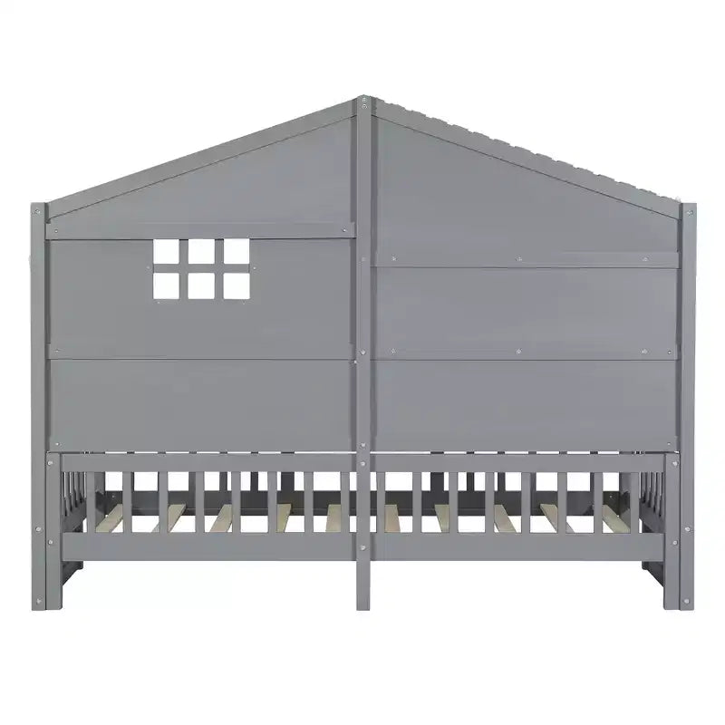 Twin Size House Bed with Storage Shelves and Rails, Wood Kids Montessori Bed Frame with Window and Sparkling Light Strip