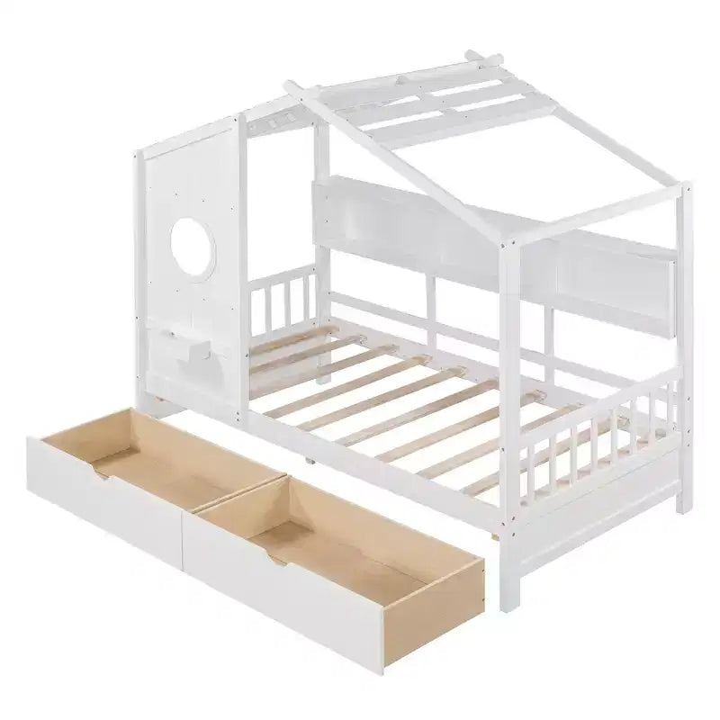Twin/Full Size Wooden House Bed with 2 Drawers, Kids Bed with Storage Shelf - ModernLuxe