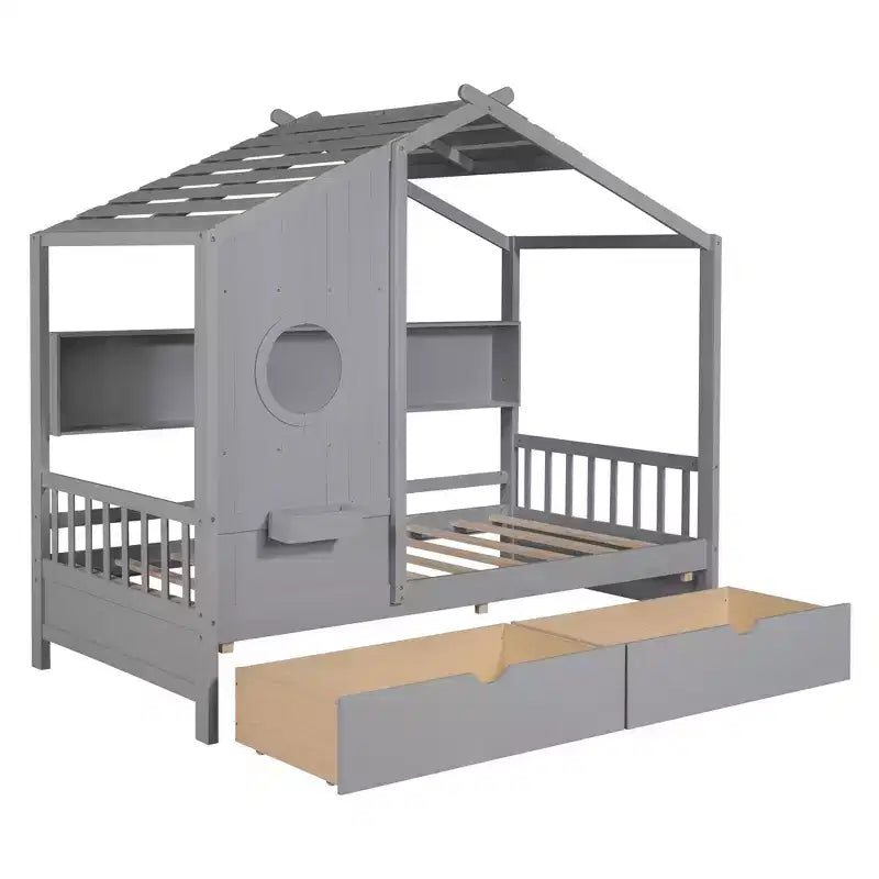 Twin/Full Size Wooden House Bed with 2 Drawers, Kids Bed with Storage Shelf - ModernLuxe