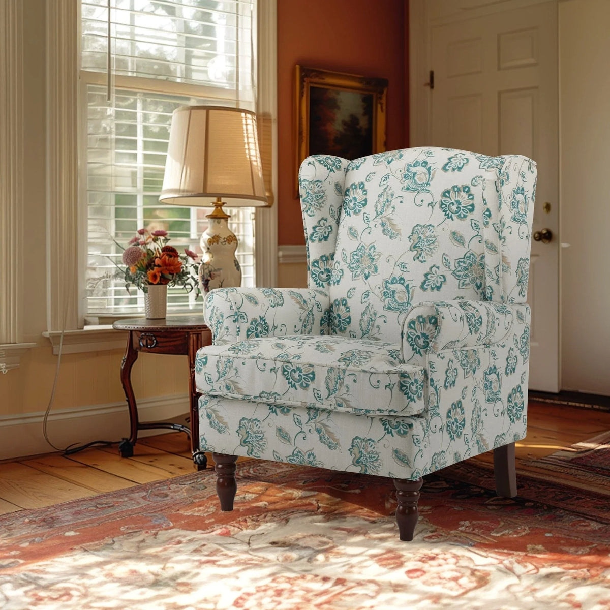 Erommy Modern Accent Chair, High Back Armchair, Upholstered Fabric Button Single Sofa with Wooden Legs for Living Room