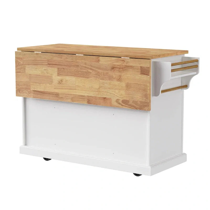 Large Kitchen Island with Wood Drop Leaf, Embossed Texture Rolling Kitchen Cart wDoors and Drawers wStorage for Kitchen, White