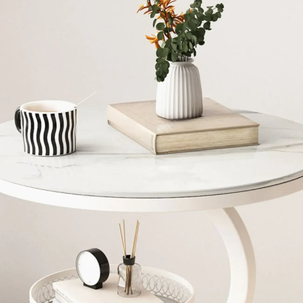 White Stone 3-Tier S-Shaped Sofa Side Table with Storage