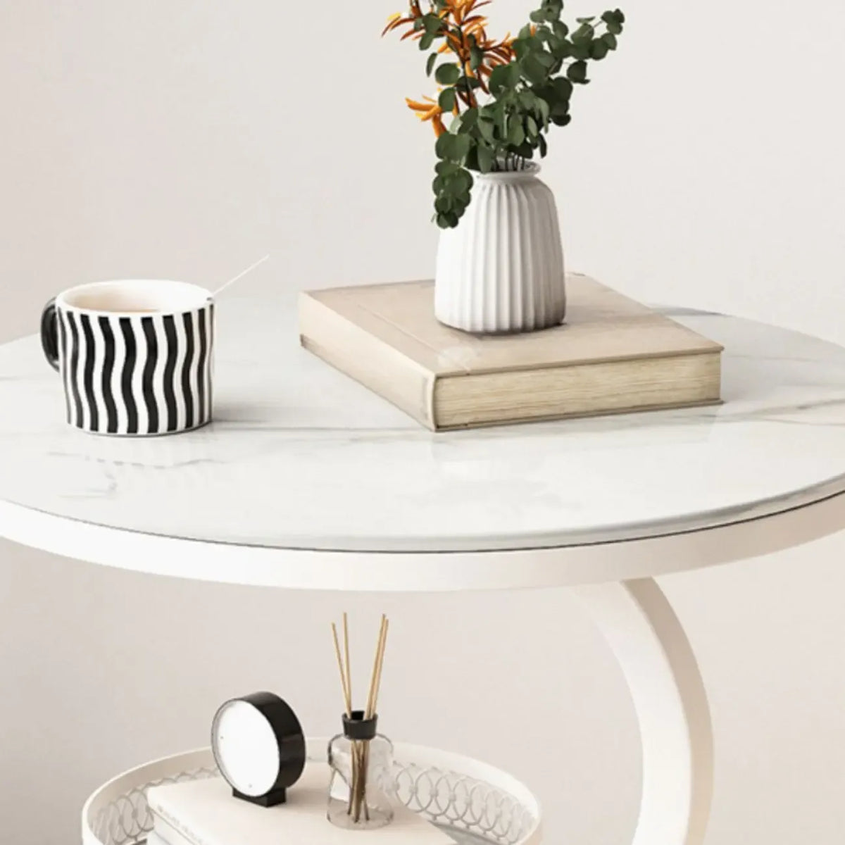 White Stone 3-Tier S-Shaped Sofa Side Table with Storage