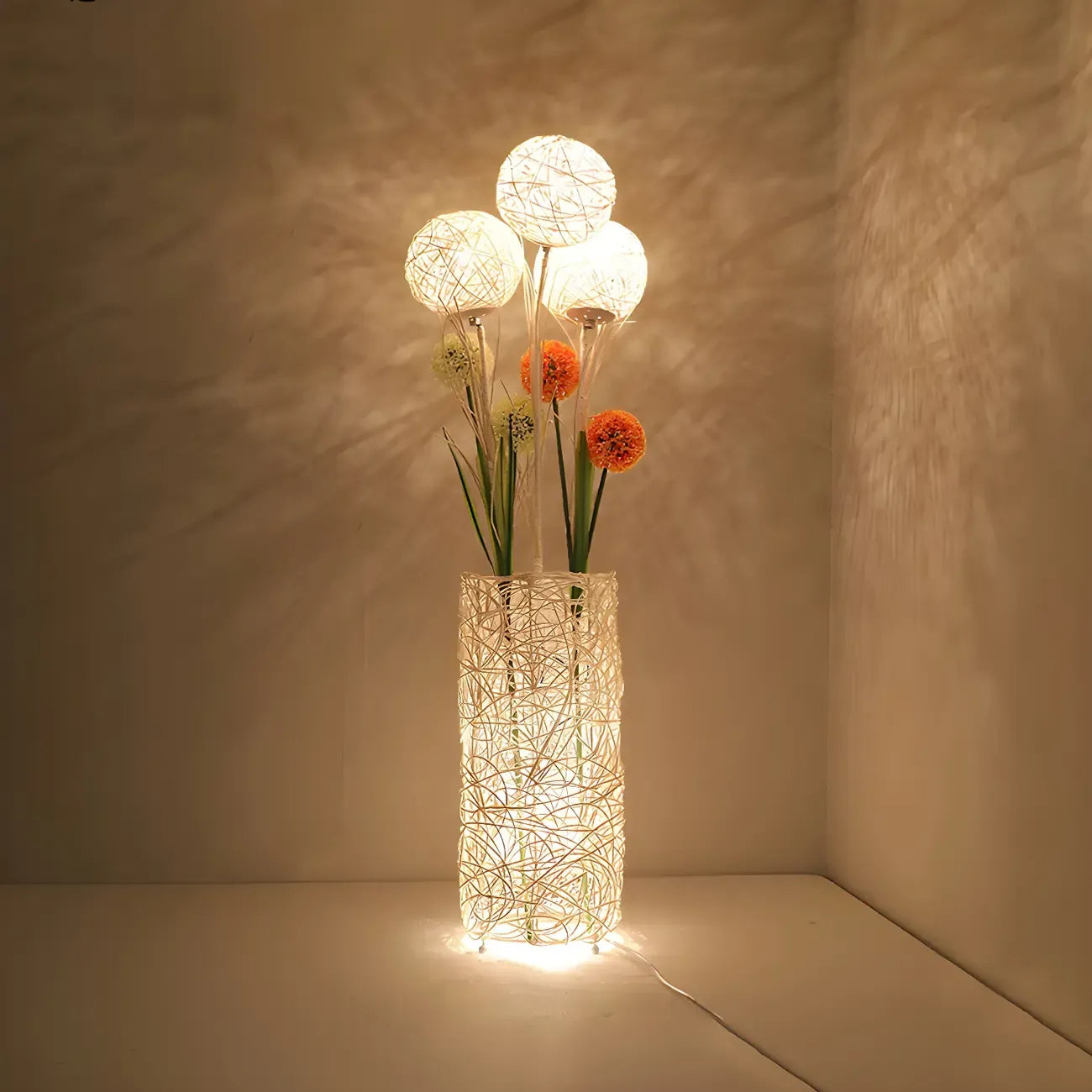 Plug In Column LED Rattan Floor Lamp for Living Room