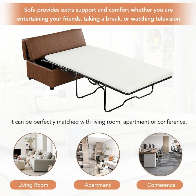 Twin Size Folding Pull out Ottoman Sleeper Bed with Mattress Convertible Guest Bed, PU Upholstered Sleeper Sofa