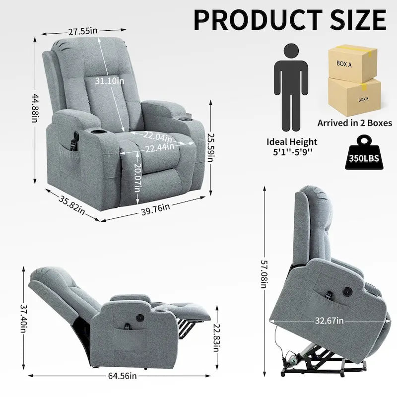 Power Lift Recliner Chair, Modern Single Motor Massage Sofa Chair with Lumbar Heating, USB Charging Port, Cup Holders