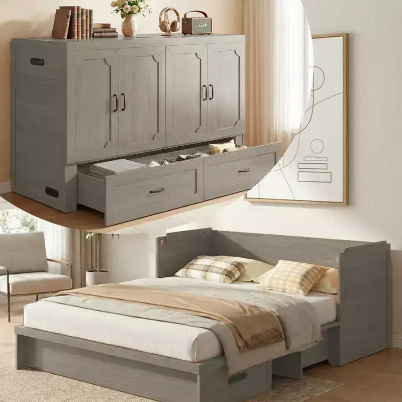 Mjkone Queen Size Convertible Murphy Cabinet Bed with USB Charging, Storage Drawers,No Mattress Included