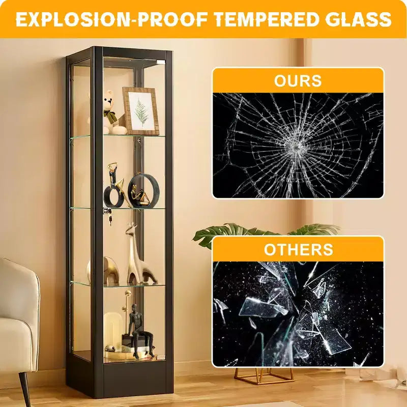 Bekrvio 4-Tier Glass Display Cabinet Case with Lock, 63 Curio Cabinet Tempered Glass Door & Adjustable Shelves