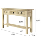 Rustic Solid Pine Console Hall Table, White Wash / Antique Brown / Gray Wash / Unpainted, 3 Drawers