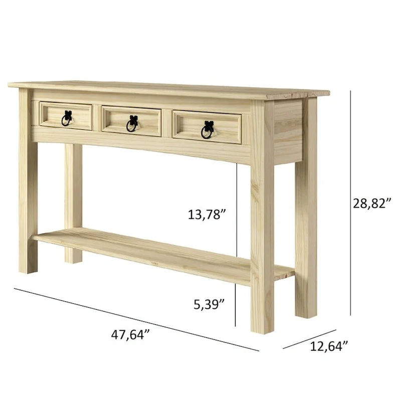 Rustic Solid Pine Console Hall Table, White Wash / Antique Brown / Gray Wash / Unpainted, 3 Drawers