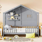 Twin Size House Bed with Storage Shelves and Rails, Wood Kids Montessori Bed Frame with Window and Sparkling Light Strip
