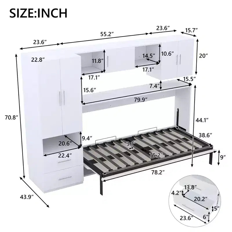 Twin Size Murphy Bed Wall Bed Frame, Wood Cabinet Bed with Built-in Wardrobe, Storage Drawers and Open Shelves, White -ModernLuxe