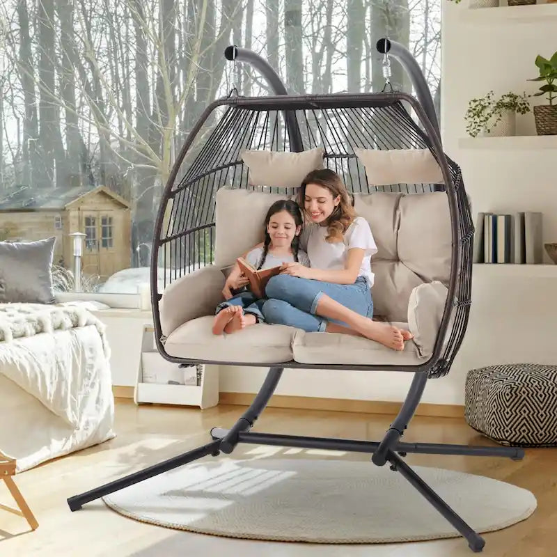 Outdoor Swing Loveseat with Stand, Foldable Hanging Chair, Hammock Cushion, and Awning, Double Egg Chair - Beige