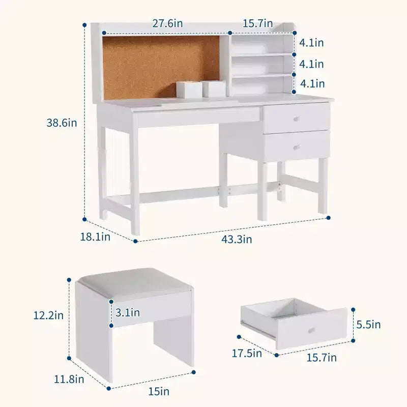 Kids Desk and Chair Set, Wooden Study Table with Adjustable Tilt Desktop, Drawers & Cork Board - Children School Learning Desk Set