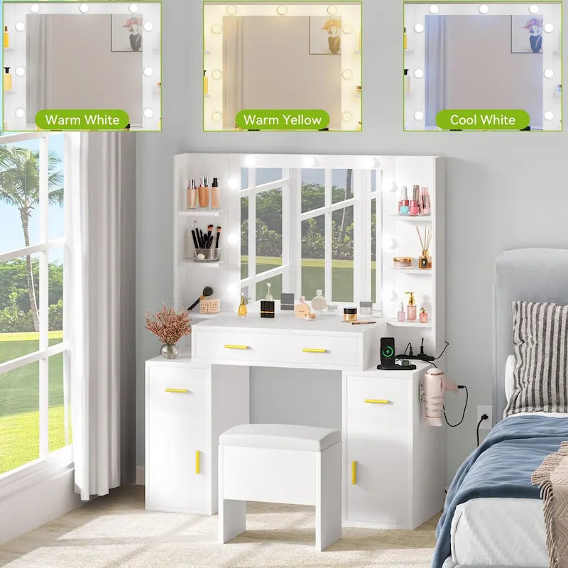 Vanity with Built-In Outlets and Lighted Mirror, 55.1H x 43.3L x 15.74W