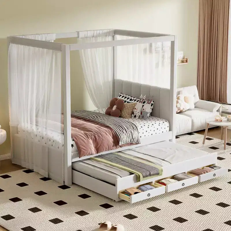 Full Size Linen Upholstery Canopy Platform Bed with Trundle and Three Storage Drawers