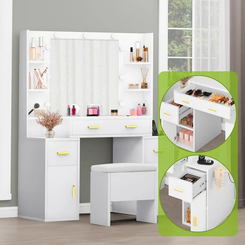 Vanity with Built-In Outlets and Lighted Mirror, 55.1H x 43.3L x 15.74W