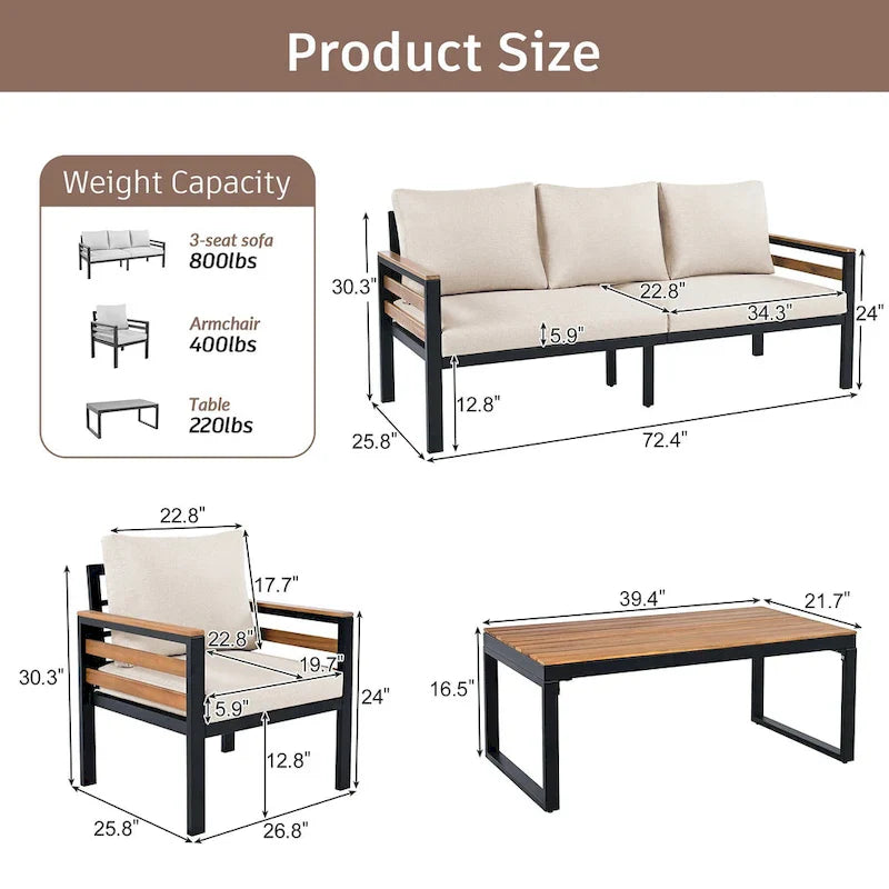 4-Piece Outdoor Sofa Set for 5 with Solid Wood Coffee Table and Removable Cushions