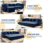 Whisen Velvet 3-in-1 King Size Pull-Out Sofa Bed & Convertible Sleeper Sofa with Movable Ottoman, Tufted Design