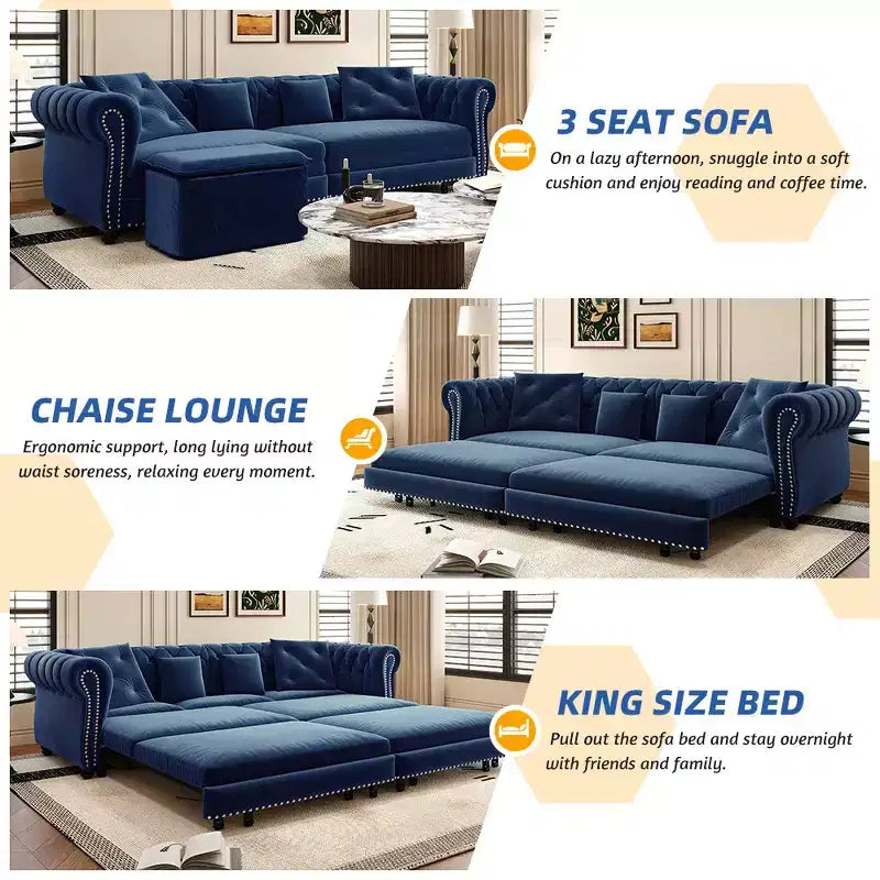 Whisen Velvet 3-in-1 King Size Pull-Out Sofa Bed & Convertible Sleeper Sofa with Movable Ottoman, Tufted Design