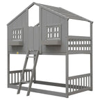 Twin over Twin House Bunk Bed with Roof , Window, Window Box, Door , with Safety Guardrails and Ladder, Grey