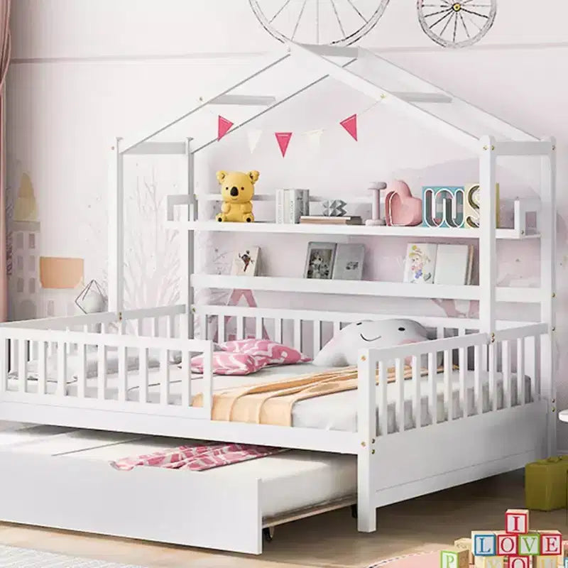 Acekool Full Size House Bed Frame with Twin Trundle, Storage Drawers & Shelves, Roof & Fence, Kids Platform Bed, White