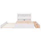 Full Storage Platform Bed with Trundle, Bookcase Headboard and Charging Station, Wooden Full Size Bed Frame with Shelves and Drawers