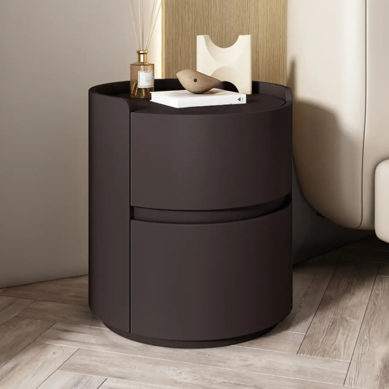 Modern Leather Tray Round 2-Drawer Nightstand