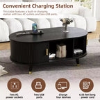 CLIHOME Wooden Farmhouse TV Stand & Coffee Table Set with Charging Station, Oval Fluted Media Console for TVs up to 80