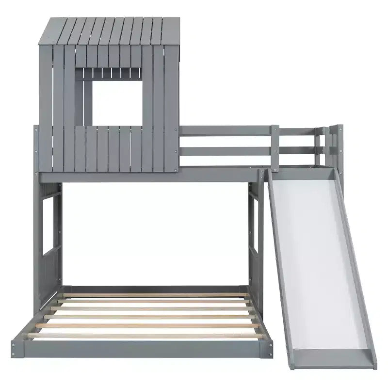 Luxystar Twin Over Full Wood Bunk Bed with Playhouse, Slide and Guardrails