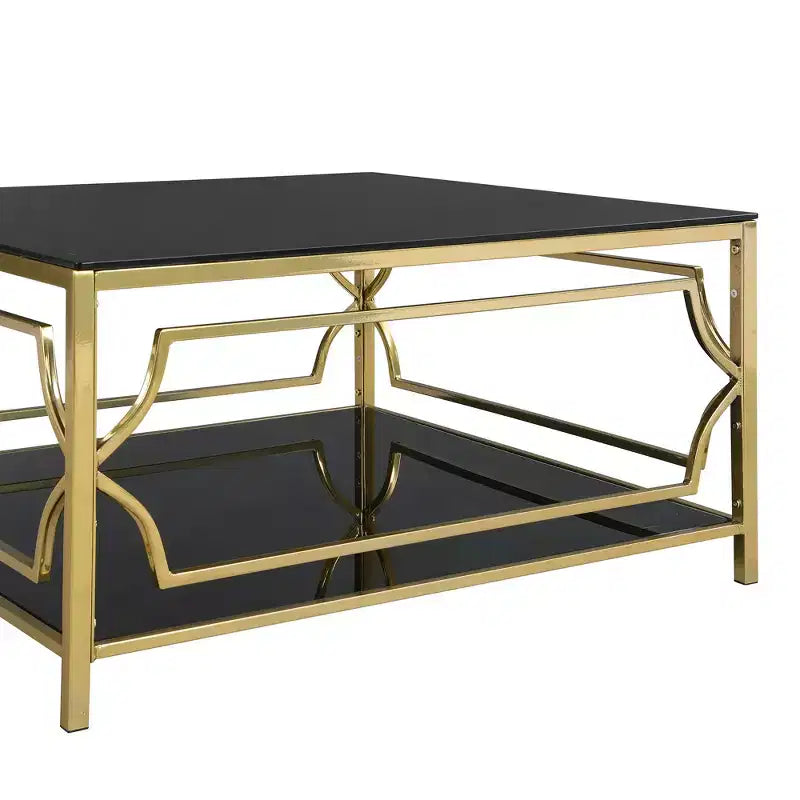 Merax Square Coffee Table with Black or Clear Glass Top and Two-Tier Display Shelf
