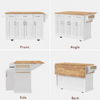 Large Kitchen Island with Wood Drop Leaf, Embossed Texture Rolling Kitchen Cart wDoors and Drawers wStorage for Kitchen, White
