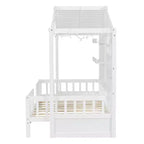 Twin Size House Bed with Storage Shelves and Rails, Wood Kids Montessori Bed Frame with Window and Sparkling Light Strip