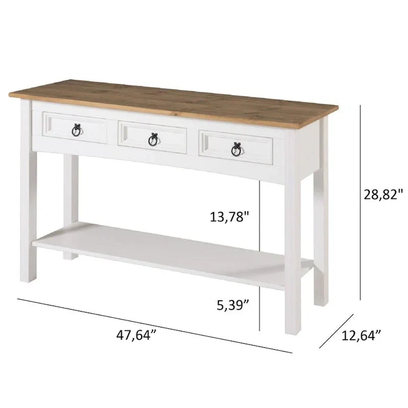 Rustic Solid Pine Console Hall Table, White Wash / Antique Brown / Gray Wash / Unpainted, 3 Drawers