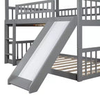 Full Over Full Triple Bunk Bed with Convertible Ladder and Slide, Triple Bed with Guardrails, White/Gray/Espresso - ModernLuxe
