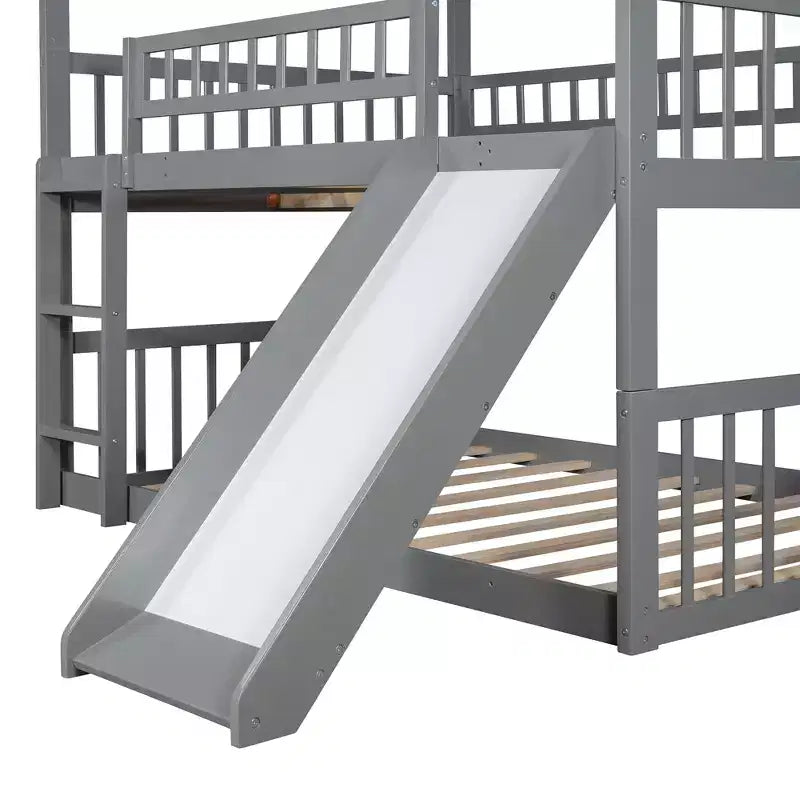 Full Over Full Triple Bunk Bed with Convertible Ladder and Slide, Triple Bed with Guardrails, White/Gray/Espresso - ModernLuxe