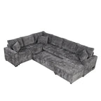 Chenille Sectional Sofa Pull-out Sofa Bed, L-Shape Sleeper Sofa with Storage Ottoman, 3 Pillows and Charging Devices