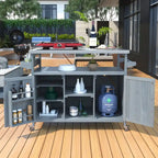 Îlot de cuisine extérieur, chariot de bar roulant et meuble de rangement, table de grillade en bois massif avec plateau en acier inoxydable, porte-épices, porte-serviettes