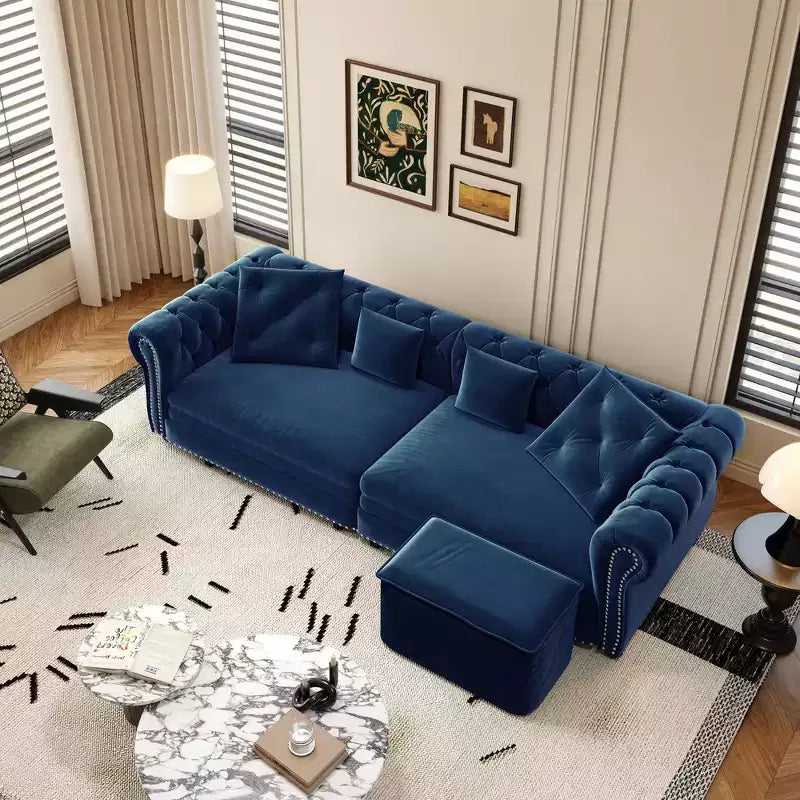Whisen Velvet 3-in-1 King Size Pull-Out Sofa Bed & Convertible Sleeper Sofa with Movable Ottoman, Tufted Design