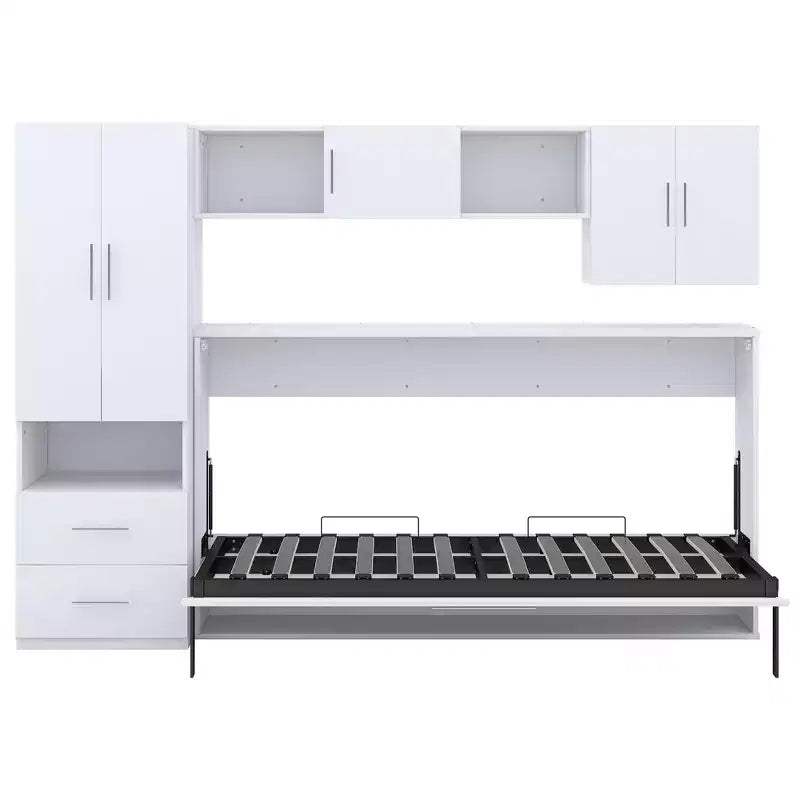 Twin Size Murphy Bed Wall Bed Frame, Wood Cabinet Bed with Built-in Wardrobe, Storage Drawers and Open Shelves, White -ModernLuxe