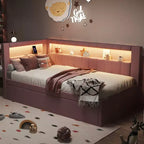 Twin/Full Daybed with Trundle and L-Shaped Bookshelf Headboard, Linen Upholstered Soft Corner Bed with Storage Shelves and LED Belt