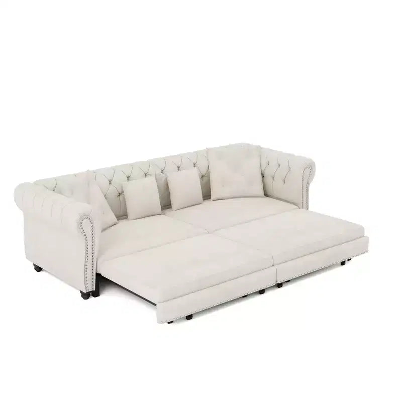 Whisen Velvet 3-in-1 King Size Pull-Out Sofa Bed & Convertible Sleeper Sofa with Movable Ottoman, Tufted Design