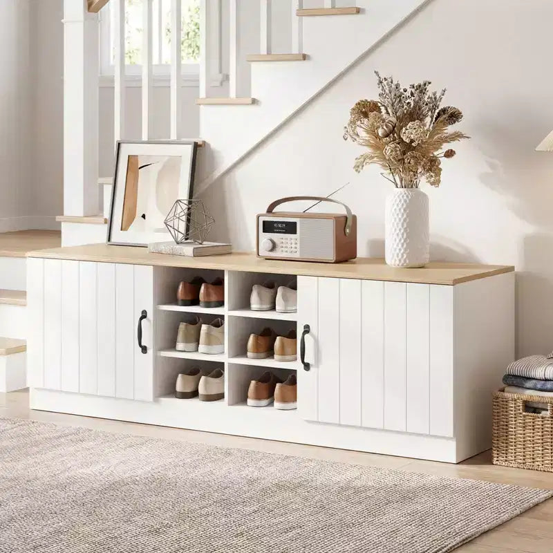 2-Door Shoe Bench wirh Adjustable Shelves Hidden Storage Space Natural + White/Whi5te