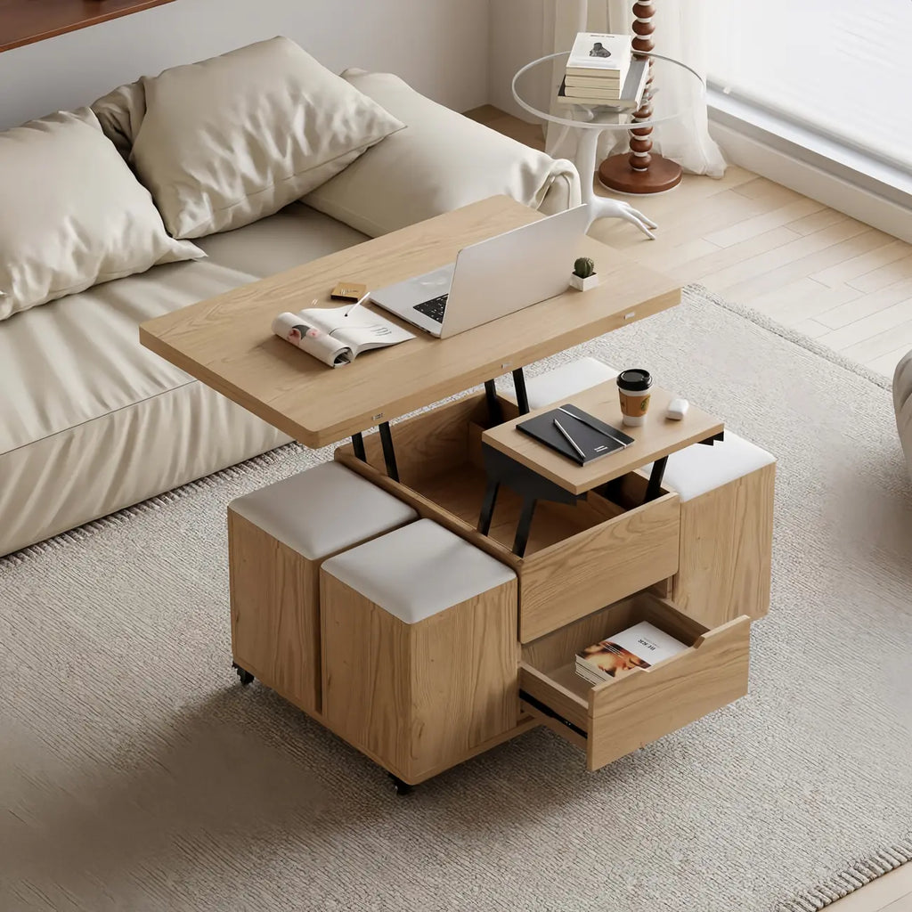 Foldable Lift-Top Coffee Table with 4 Stools & Storage
