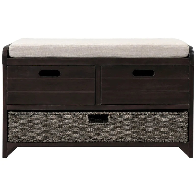 Wood Storage Bench with 2 Woven Baskets